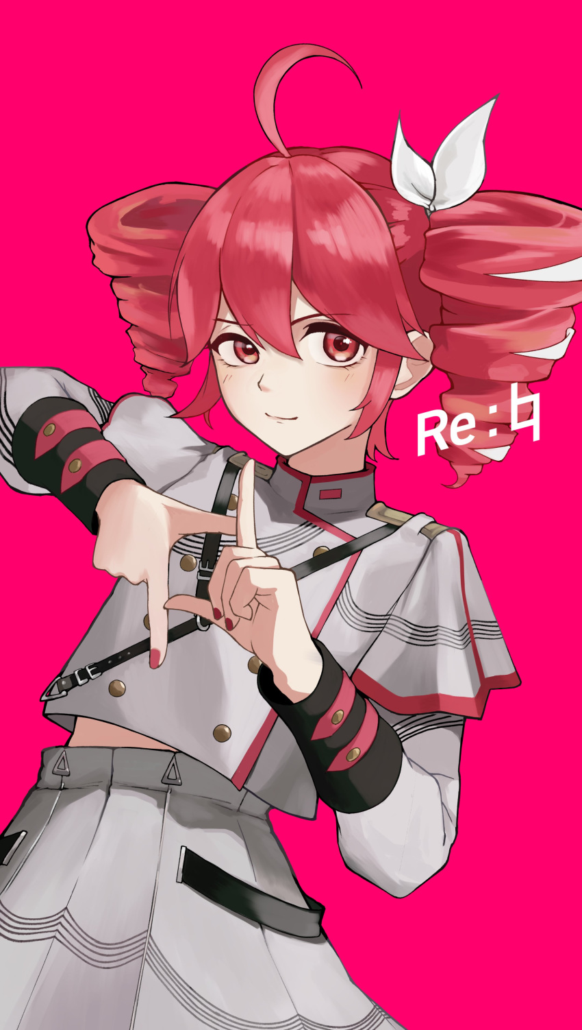1girl, absurdres, ahoge, belt, black_belt, blush, bow, buttons, closed_mouth, double-breasted, double-parted_bangs, drill_hair, finger_frame, fingernails, flat_chest, grey_shirt, hair_between_eyes, hair_bow, hair_ribbon, highres, jacket, kasane_teto, kasane_teto_(sv), krmrsn9603, looking_at_viewer, midriff_peek, nail_polish, pink_background, red_eyes, red_nails, red_trim, redhead, ribbon, shirt, shoulder_belt, shoulder_boards, simple_background, skirt, solo, striped_clothes, striped_jacket, striped_shirt, synthesizer_v, twin_drills, twintails, utau, white_bow, white_ribbon