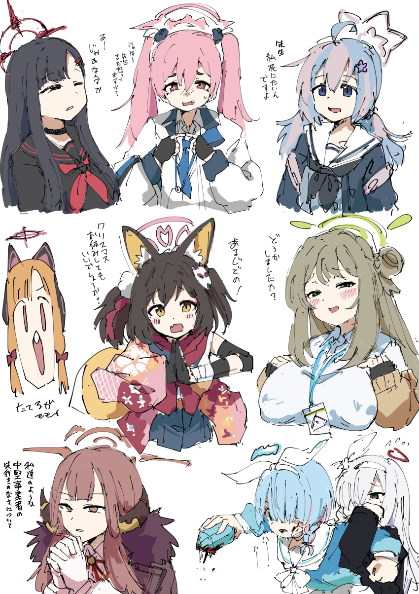 6+girls, absurdres, animal_ear_fluff, animal_ear_headphones, animal_ears, arona_(blue_archive), aru_(blue_archive), bandages