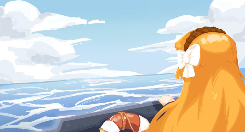 1girl, blue_sky, bow, clouds, cloudy_sky, from_behind, hair_bow, hairband
