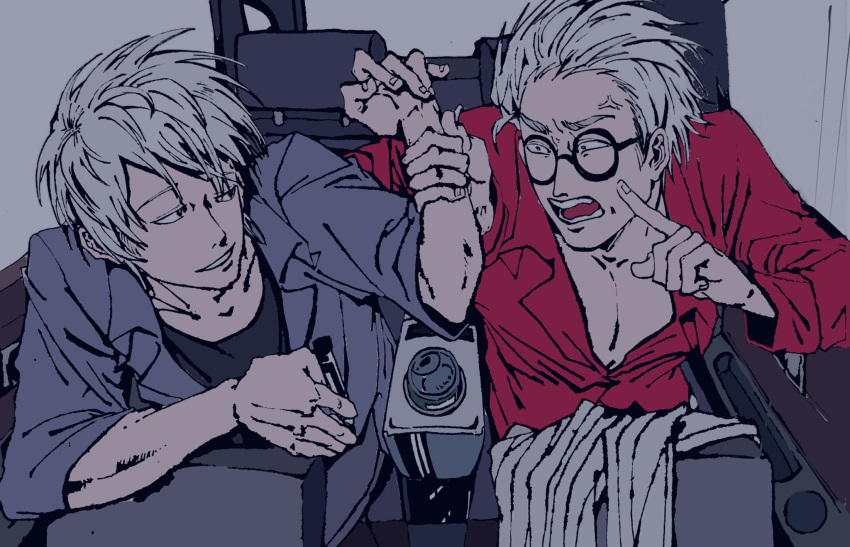 2boys, akagi:_yami_ni_oritatta_tensai, akagi_shigeru, anger_vein, black_eyes, car_interior, chinese_commentary, collared_shirt