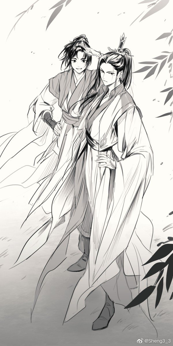 2boys, boots, chinese_clothes, chinese_commentary, closed_mouth, grass, greyscale, hand_on_own_hip