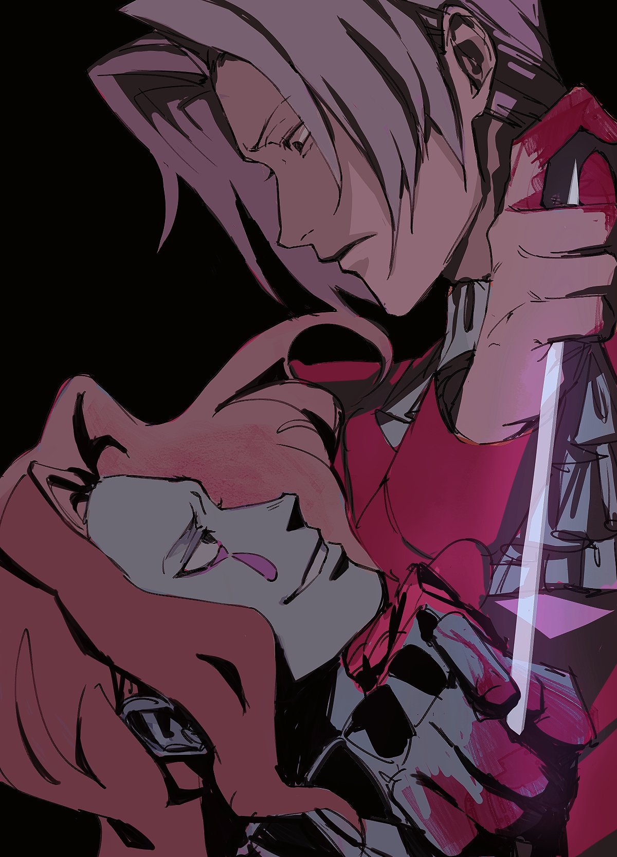 2boys, ace_attorney, ace_attorney_investigations, ace_attorney_investigations_2:_prosecutor's_gambit, ascot, black_background, blood, blood_on_hands