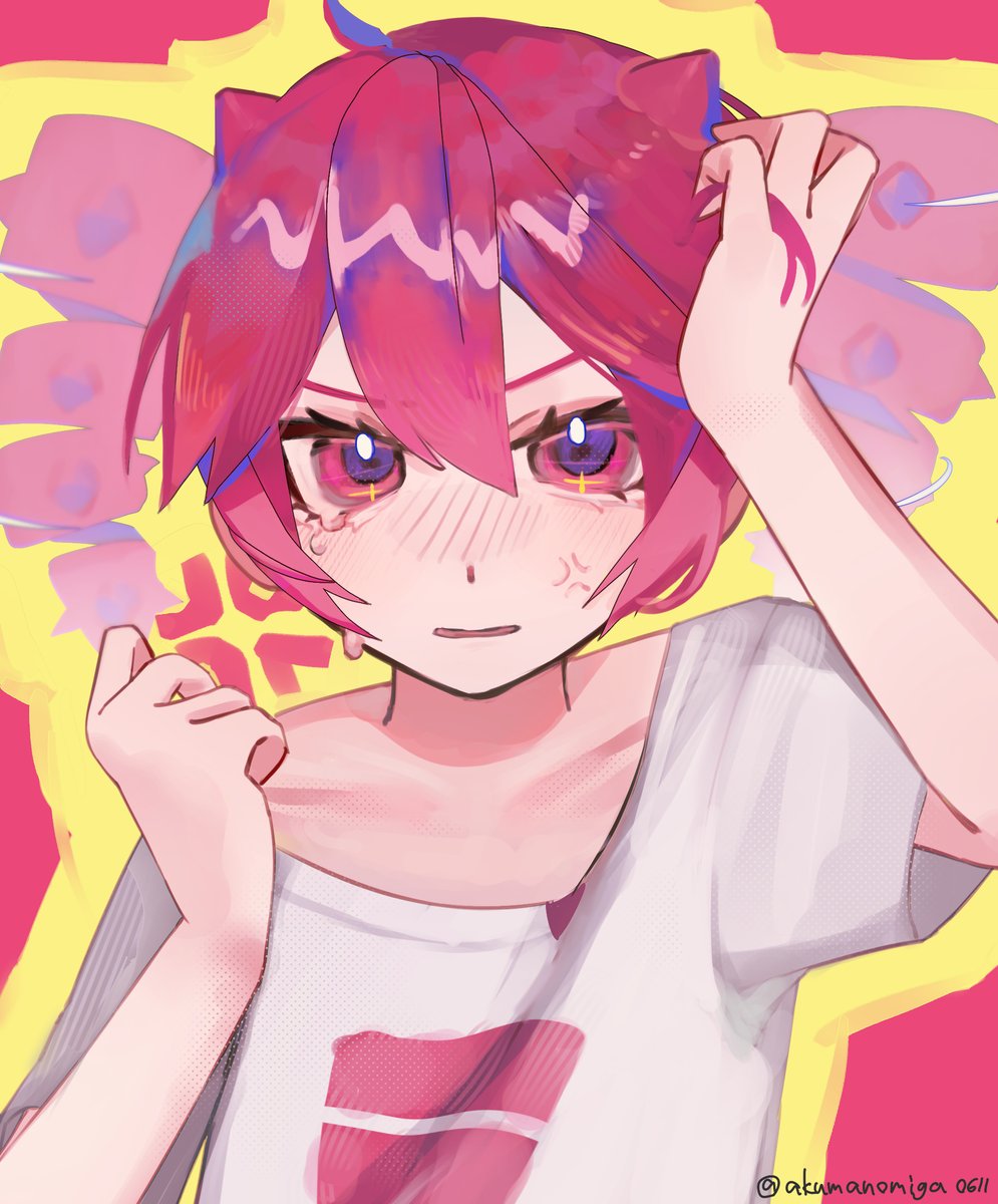 1girl, ahoge, blush, double-parted_bangs, drill_hair, flat_chest, hair_between_eyes, hand_on_own_head