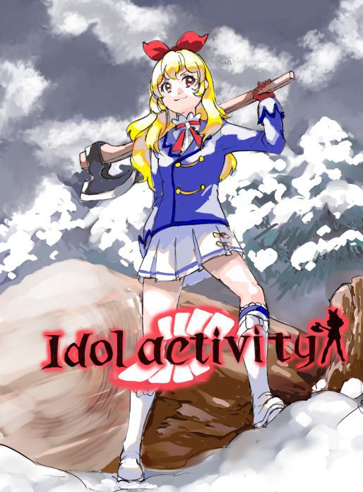 >:), 1girl, aikatsu!, aikatsu!_(series), axe, blonde_hair, bow, clouds