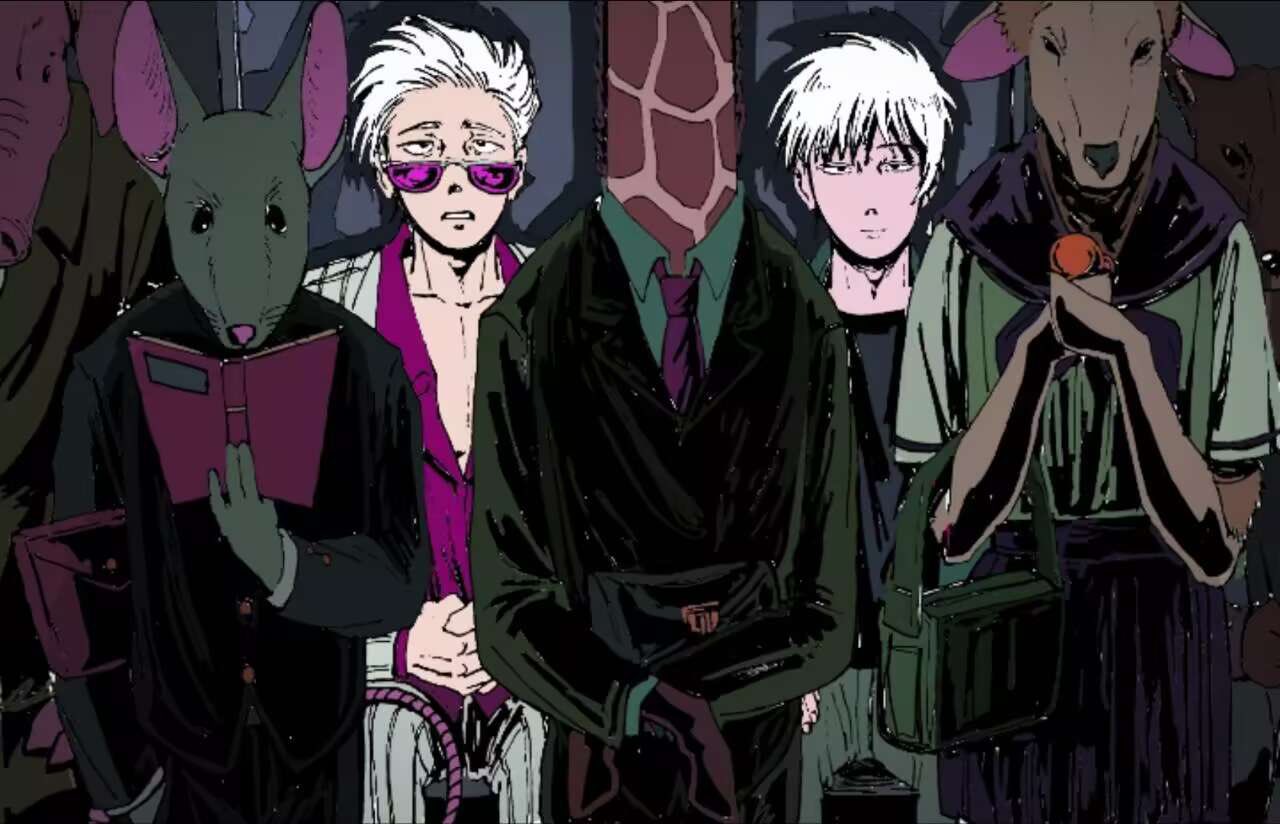 1girl, 5boys, akagi:_yami_ni_oritatta_tensai, akagi_shigeru, black_eyes, black_jacket, book, chinese_commentary