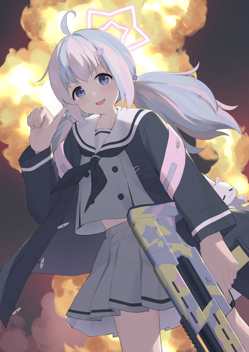 1girl, :d, absurdres, ahoge, backlighting, black_jacket, black_neckerchief, blue_archive, blue_eyes, blue_hair, blush, buttons, commentary_request, cowboy_shot, dutch_angle, explosion, floating_clothes, grey_serafuku, grey_shirt, grey_skirt, gun, hair_bobbles, hair_ornament, halo, hand_up, highres, holding, holding_gun, holding_weapon, hotarihotaru, jacket, long_hair, long_sleeves, looking_at_viewer, low_twintails, miniskirt, multicolored_hair, neckerchief, open_clothes, open_jacket, open_mouth, pink_halo, pleated_skirt, purple_hair, reisa_(blue_archive), sailor_collar, school_uniform, serafuku, shirt, sidelocks, simple_background, skirt, smile, smug, solo, star_(symbol), star_hair_ornament, star_halo, streaked_hair, tareme, thumbs_up, twintails, v-shaped_eyebrows, weapon, white_sailor_collar