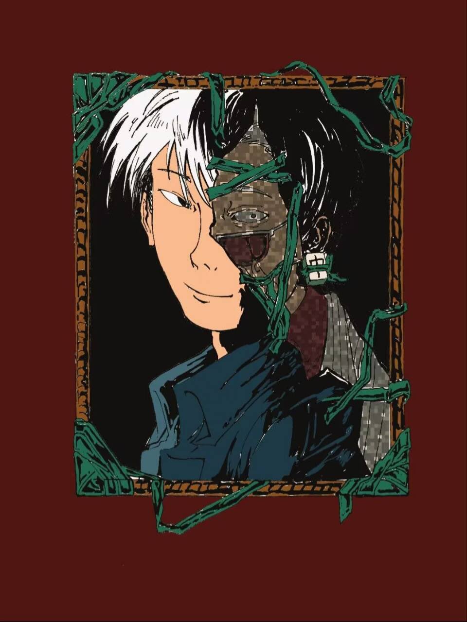 2boys, akagi:_yami_ni_oritatta_tensai, akagi_shigeru, black_eyes, blue_shirt, chinese_commentary, closed_mouth, collared_shirt