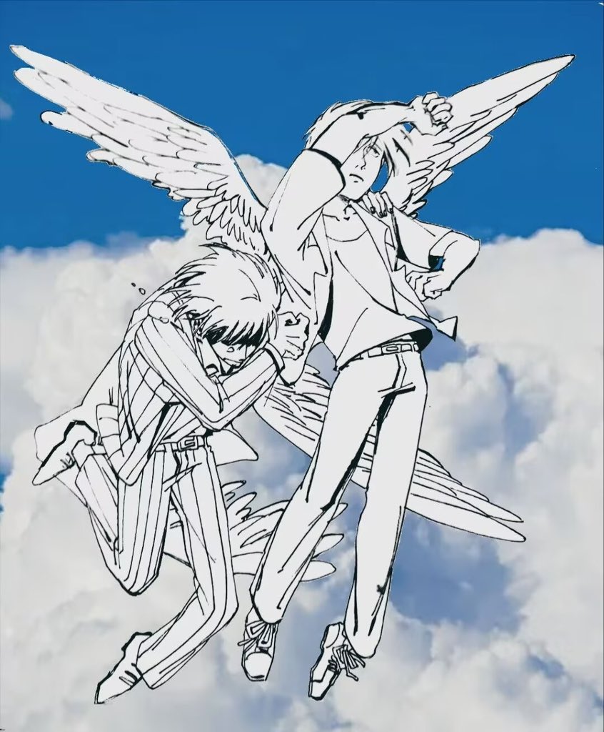 2boys, above_clouds, akagi:_yami_ni_oritatta_tensai, akagi_shigeru, belt, blue_sky, chinese_commentary, closed_mouth