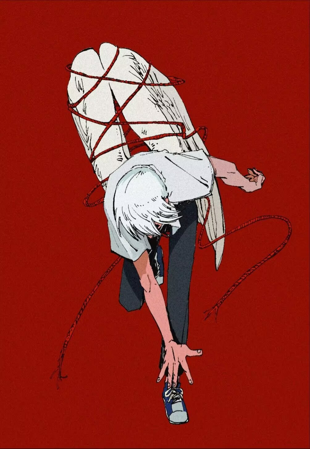 1boy, akagi:_yami_ni_oritatta_tensai, akagi_shigeru, black_pants, blue_footwear, bound, bound_wings, chinese_commentary