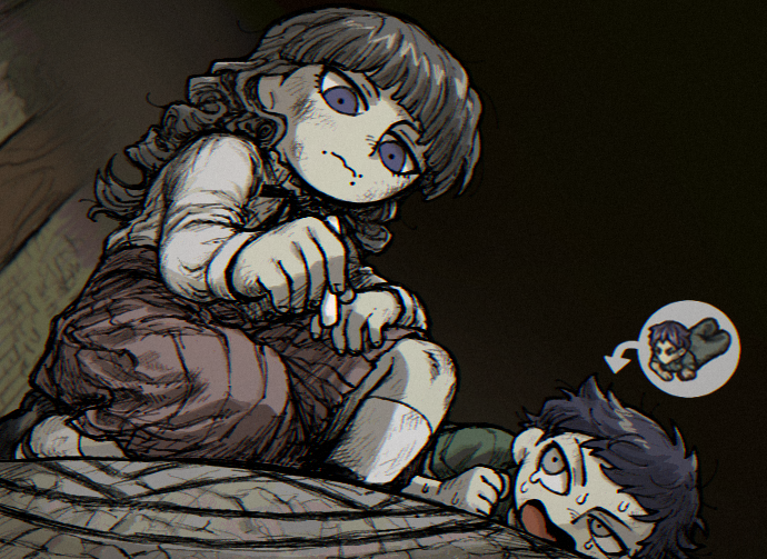 1boy, 1girl, amputee, black_hair, black_ribbon, brown_hair, chalk, closed_mouth