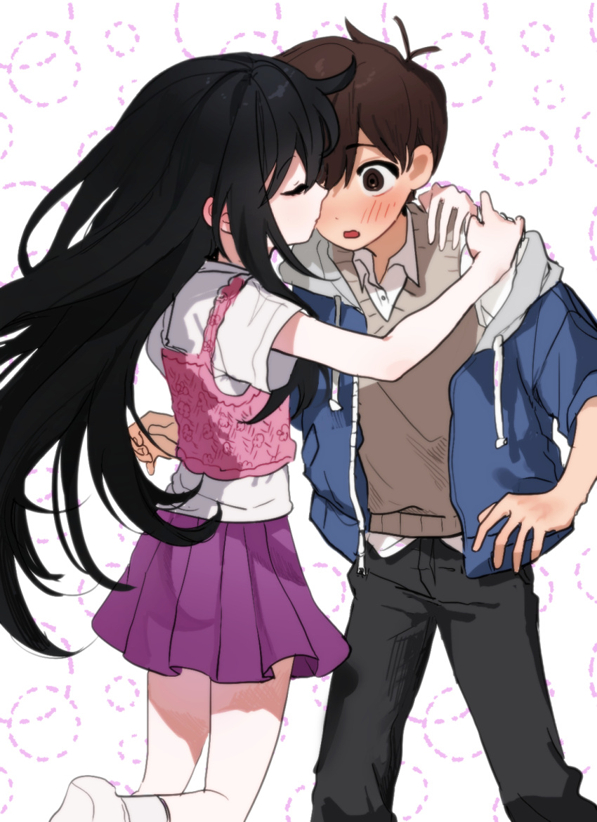 1boy, 1girl, alternate_costume, black_hair, black_pants, blue_hoodie, blush, brown_hair