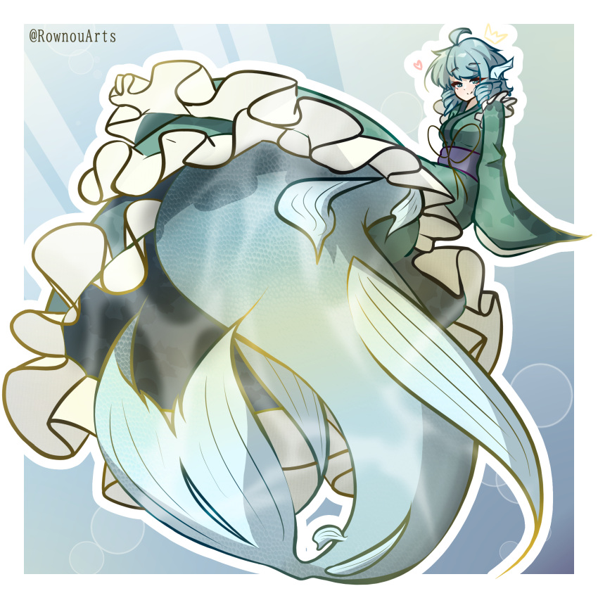 1girl, absurdres, artist_name, blue_background, blue_hair, border, closed_mouth, commentary, crown, drill_hair, drill_sidelocks, english_commentary, fins, green_kimono, head_fins, heart, highres, japanese_clothes, kimono, looking_at_viewer, mermaid, monster_girl, outline, outside_border, oversized_tail, rownou, sidelocks, sleeves_past_fingers, sleeves_past_wrists, smile, solo, tail_focus, touhou, twin_drills, wakasagihime, white_border, white_outline, wide_sleeves