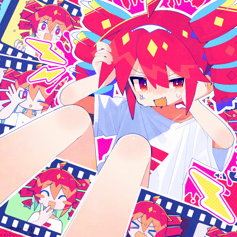 1girl, alternate_costume, anger_vein, aoi_tsuyu, drill_hair, fang, feet_out_of_frame, film_strip