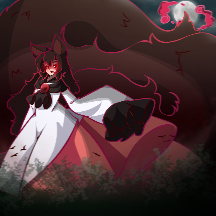 1girl, :3, :d, absurdres, animal_ears, black_dress, brown_hair, commentary, dress, english_commentary, fang, full_body, full_moon, gem, giant, giantess, gigantamax, gigantamax_(other), glint, glowing, glowing_eyes, hair_between_eyes, highres, imaizumi_kagerou, long_hair, looking_at_viewer, moon, night, oversized_tail, pokemon, pokemon_swsh, red_dress, red_eyes, red_gemstone, rownou, skin_fang, sleeves_past_fingers, sleeves_past_wrists, smile, solo, standing, tail, touhou, white_dress, wolf_ears, wolf_girl, wolf_tail