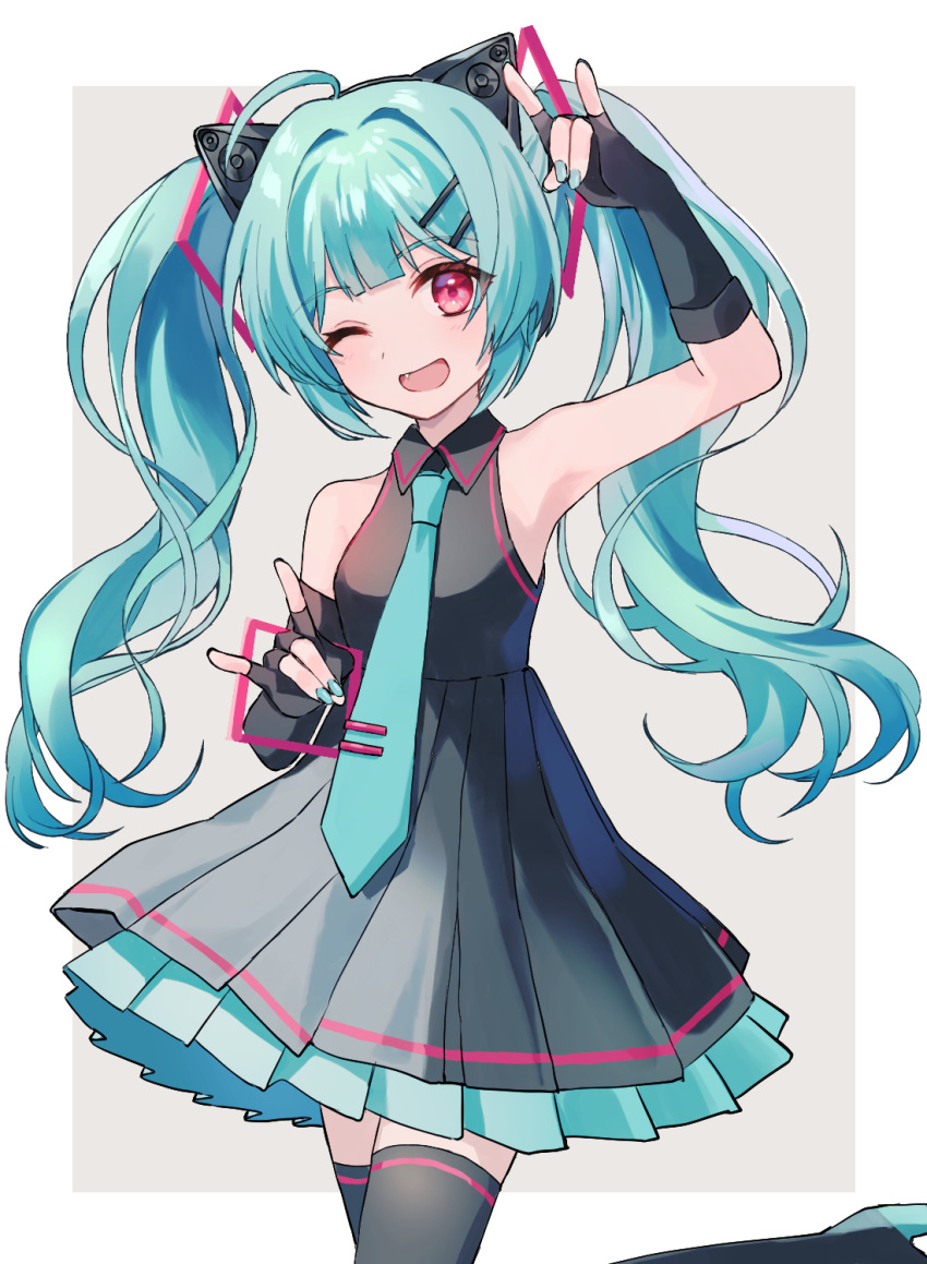 1girl, ahoge, alternate_eye_color, animal_ear_headphones, animal_ears, aqua_hair, arm_up, armpits