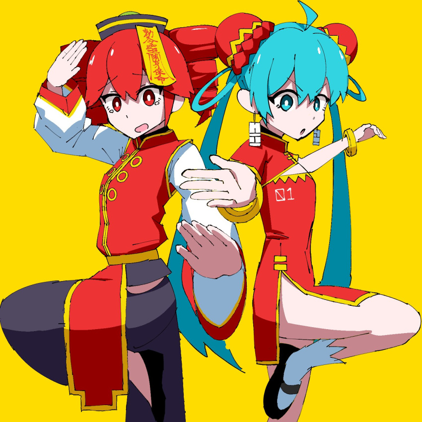 2girls, ahoge, alternate_costume, aqua_eyes, aqua_hair, atena_fumei, bracelet, chinese_clothes, drill_hair, earrings, hatsune_miku, highres, jewelry, kasane_teto, multiple_girls, open_mouth, red_eyes, red_trim, redhead, socks, standing, standing_on_one_leg, synthesizer_v, torn_clothes, torn_socks, twin_drills, twintails, utau, vocaloid, white_sleeves, white_socks, wide_sleeves, yellow_background