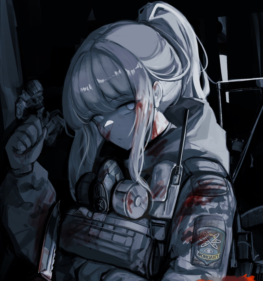 arctic, blood, blood_on_clothes, blood_on_face, bloodstains, character_request, copyright_request, gas_mask, looking_at_viewer, military, military_uniform, tagme