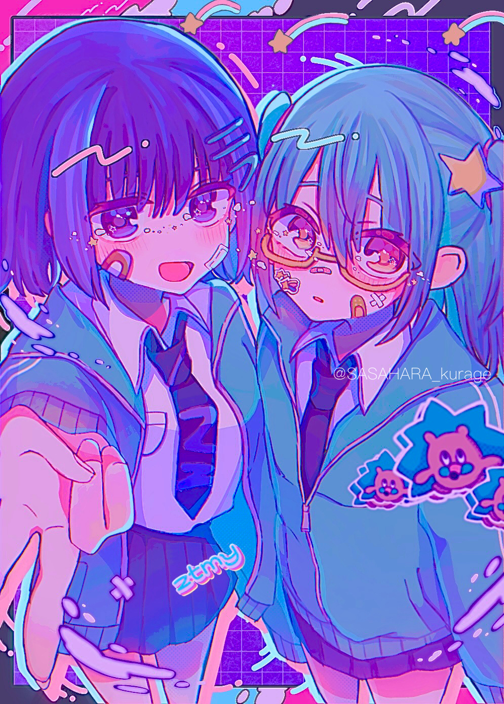2girls, :d, artist_name, bandage_on_face, bandages, black_necktie, black_skirt, blue_eyes