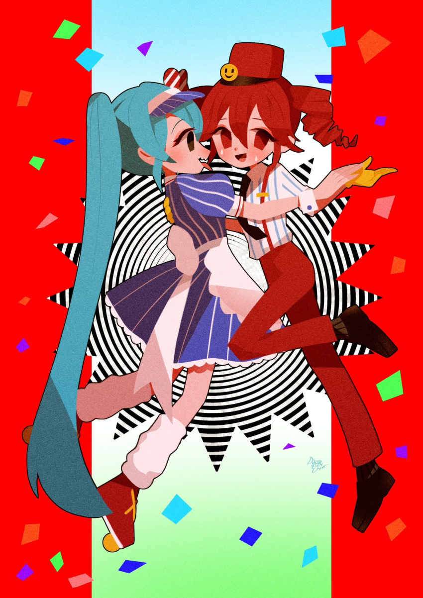 2girls, apron, black_eyes, black_footwear, blush, bow, collared_shirt, confetti, double-parted_bangs, dress, drill_hair, embarrassed, floating, gloves, hair_between_eyes, hat, hat_bow, hatsune_miku, highres, holding_hands, kasane_teto, kepi, kneehighs, layered_dress, long_hair, mesmerizer_(vocaloid), military_hat, multiple_girls, open_mouth, pants, pinstripe_bow, pinstripe_pattern, red_bow, red_pants, redhead, sharp_teeth, shirt, shoes, short_sleeves, skates, smiley_hat_ornament, socks, solid_oval_eyes, striped_clothes, striped_shirt, suspenders, sweat, teeth, tongue, tongue_out, twin_drills, twintails, upper_teeth_only, utau, very_long_hair, visor_cap, vocaloid, waist_apron, white_apron, wing_collar, yellow_gloves, yorita_genyu