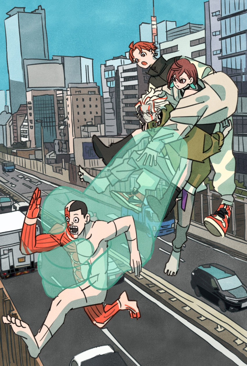 1girl, 3boys, alternate_costume, alternate_form, anatomical_model, ayase_momo, baggy_pants, bare_shoulders, barefoot, black_choker, black_footwear, blue_sky, boots, brown_hair, building, car, carrying, choker, city, colored_skin, commentary, crossed_bangs, dandadan, day, earrings, facial_hair, full_body, glasses, grey_pants, grey_skin, hair_between_eyes, highres, jacket, jewelry, jin_enjoji, long_sleeves, motor_vehicle, multiple_boys, open_mouth, outdoors, pants, piggyback, red_footwear, redhead, road, round_eyewear, running, shoes, short_hair, sky, sneakers, takakura_ken_(dandadan), takeuchi_ryousuke, taro_(dandadan), telekinesis, transformation, white_hair, white_pants