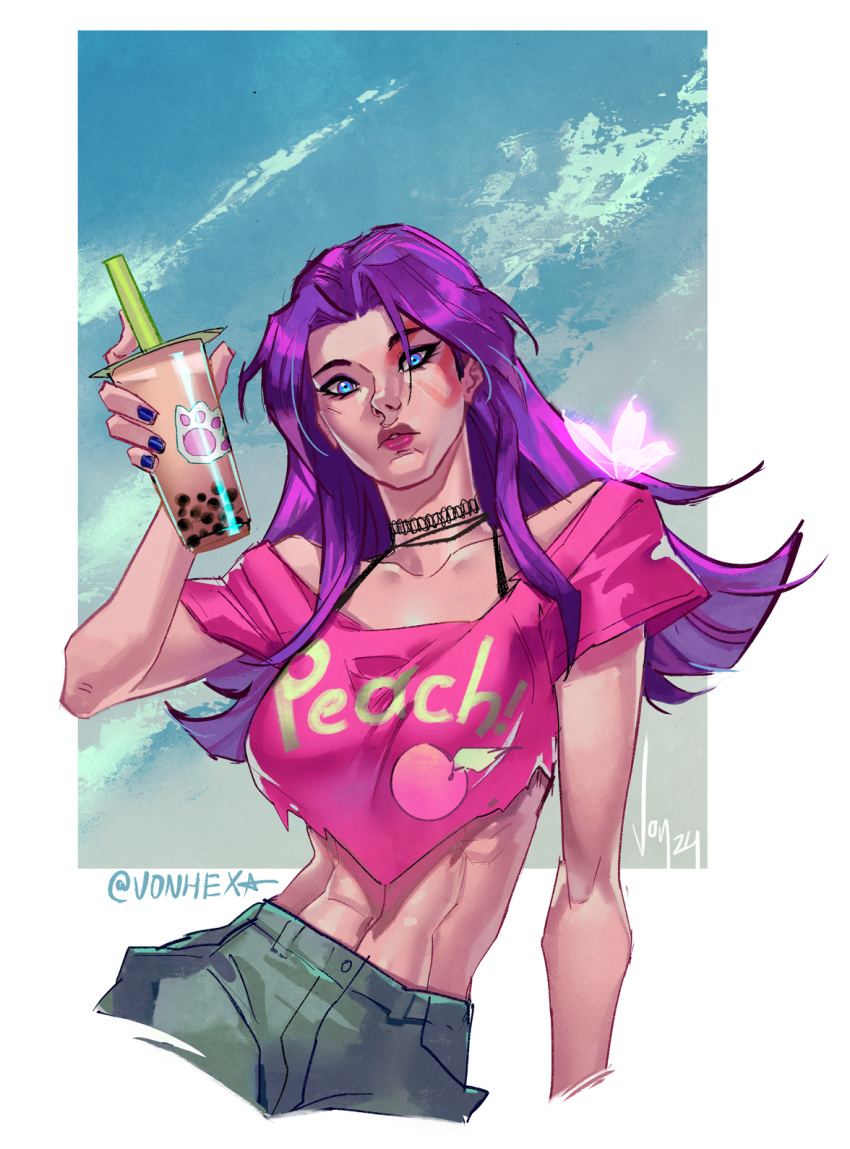 1girl, abs, animification, bug, butterfly, highres, long_hair, looking_at_viewer, marvel, marvel_rivals, psylocke, purple_hair, shirt, shorts, solo, violet_eyes, vontvirus, x-men