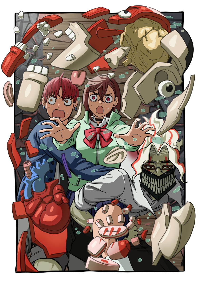 1girl, 2boys, absurdres, alternate_form, anatomical_model, ayase_momo, black_choker, black_pants