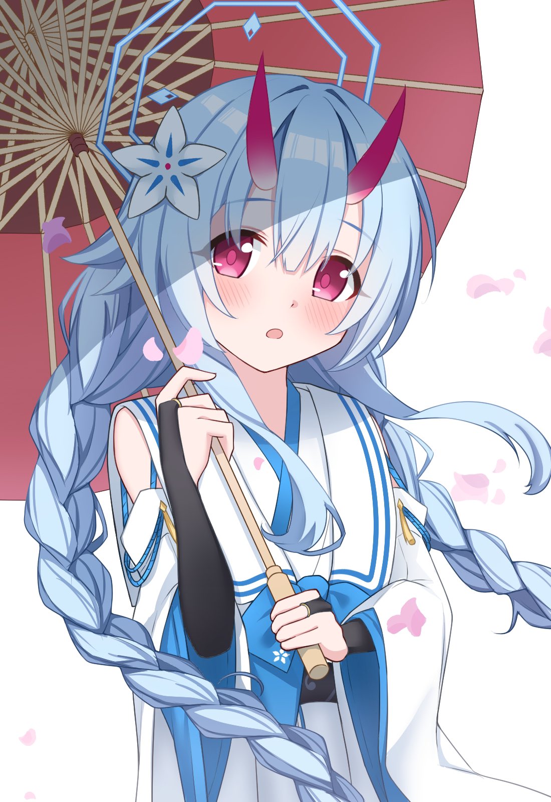 1girl, :o, bare_shoulders, black_bridal_gauntlets, blue_archive, blue_hair, blush, braid