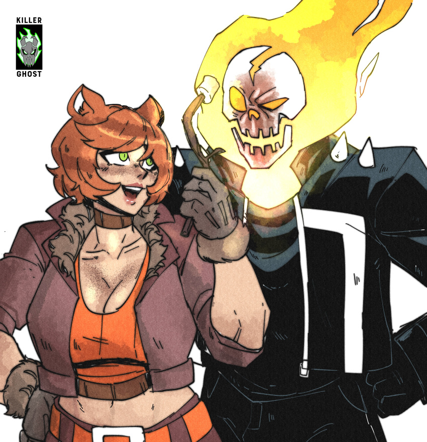 1boy, 1girl, absurdres, animal_ears, breasts, brown_hair, flaming_skull, freckles
