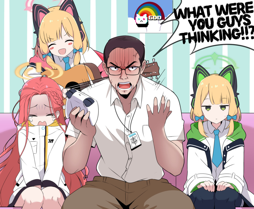 1boy, 3girls, amogan, anger_vein, angry, angry_video_game_nerd, animal_ear_headphones, animal_ears