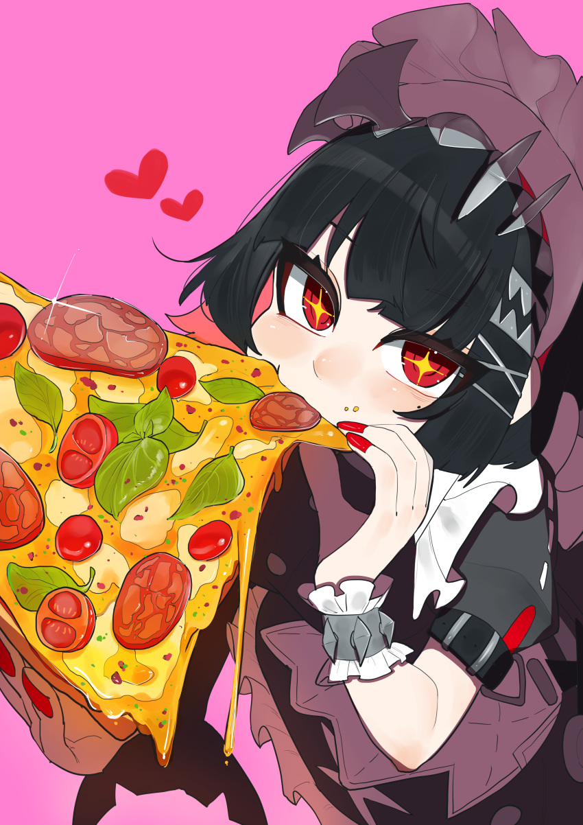 +_+, 1girl, absurdres, black_dress, black_hair, dress, eating, ellen_joe