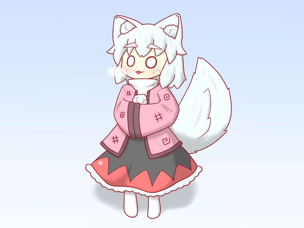 1girl, @_(symbol), animal_ear_fluff, animal_ears, black_skirt, black_trim, blue_background, breath, chibi, commentary, frilled_skirt, frills, gradient_background, hands_in_opposite_sleeves, hanten_(clothes), inaba-no-sirousagi, inubashiri_momiji, jacket, light_blush, light_smile, no_headwear, no_shoes, number_sign, o_o, parted_lips, pink_jacket, pom_pom_(clothes), red_skirt, shirt, short_hair, skirt, socks, solo, tail, touhou, two-tone_skirt, white_background, white_hair, white_shirt, white_socks, wide_sleeves, wolf_ears, wolf_girl, wolf_tail
