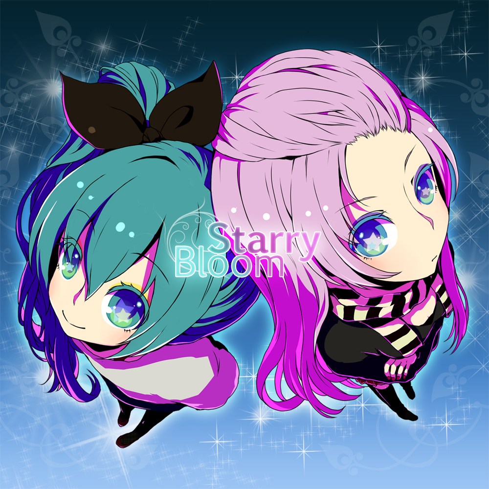 aqua_eyes, aqua_hair, bow, from_above, hair_bow, hatsune_miku, long_hair, megurine_luka