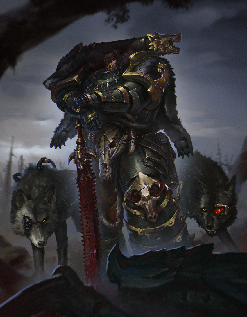 1boy, animal_ears, armor, artificial_eye, black_armor, black_hair, blood, blood_stain, chainsword, commentary, english_commentary, fangs, gem, glowing, glowing_eyes, gold_trim, grohgrog, highres, mechanical_eye, pelt, ragnar_blackmane, red_gemstone, runes, sharp_teeth, skull_ornament, space_wolves, teeth, tube, warhammer_40k, wolf, wolf_ears, wolf_ornament, wolf_pelt, yellow_eyes