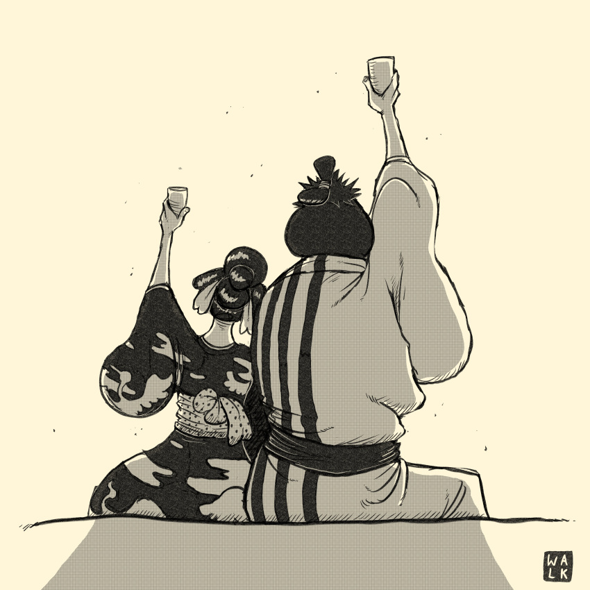 1boy, 1girl, absurdres, animal_print, arm_up, back, bird_print, chonmage