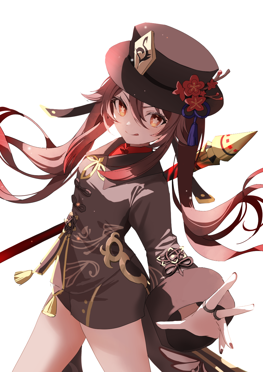 1girl, :q, black_nails, black_shorts, brown_hair, chinese_clothes, coattails, collared_coat