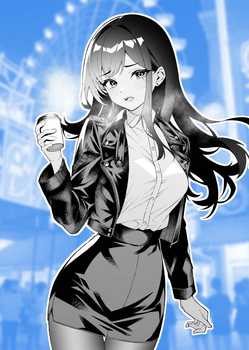 1girl, absurdres, blue_background, breasts, collared_shirt, commentary_request, cowboy_shot, dress_shirt, earrings, greyscale_with_colored_background, hair_intakes, highres, jacket, jewelry, large_breasts, leather, leather_jacket, long_hair, long_sleeves, looking_at_viewer, maika_(ogata), medium_breasts, miniskirt, mole, mole_under_eye, ogata_(daitikun0220), open_clothes, open_jacket, original, outline, pantyhose, pencil_skirt, shirt, shirt_tucked_in, sidelocks, skirt, solo, stud_earrings, textless_version, white_outline