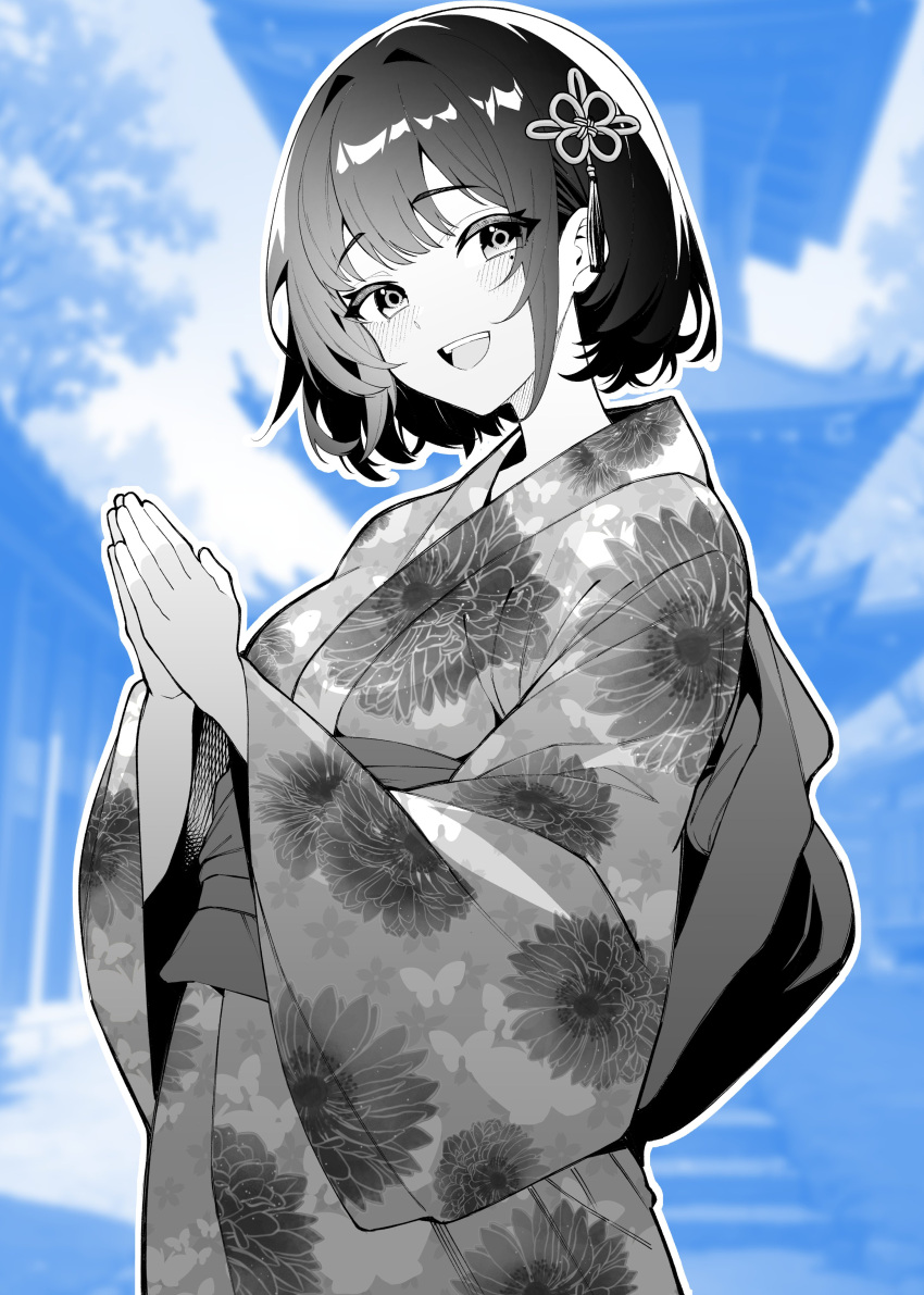 1girl, absurdres, blue_background, commentary_request, floral_print, floral_print_kimono, flower_knot, greyscale_with_colored_background