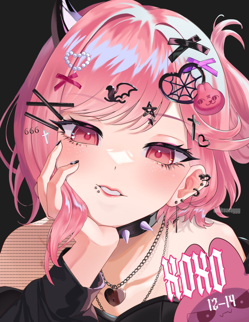 1girl, 666, absurdres, alternate_costume, alternate_universe, black_choker, black_nails, chain