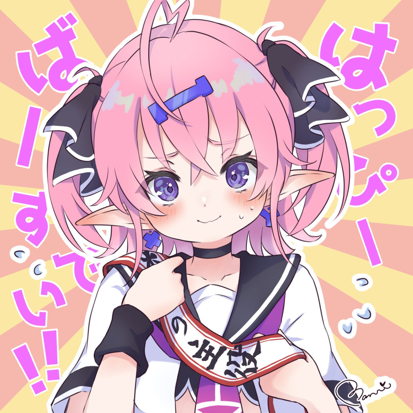 1girl, ahoge, black_choker, black_sailor_collar, blush, choker, crop_top, earrings