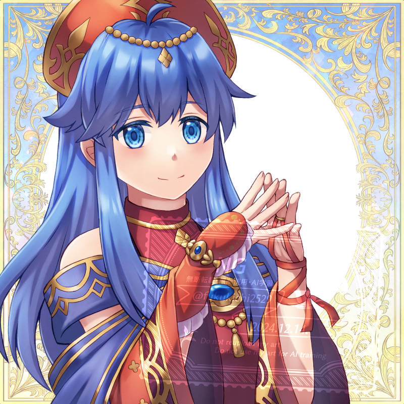 1girl, blue_eyes, blue_hair, closed_mouth, detached_sleeves, dress, fire_emblem, fire_emblem:_the_binding_blade
