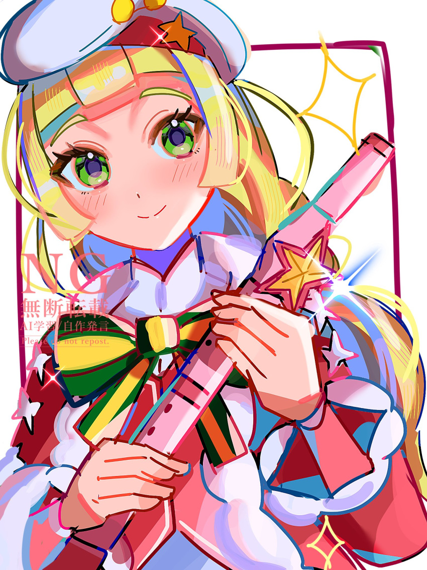 1girl, blonde_hair, bow, bowtie, closed_mouth, eyelashes, flute, green_eyes