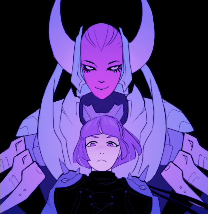 2girls, anat_(persona_5), black_background, black_suit, braid, eyelashes, fruitcombo, highres, horns, light_smile, multiple_girls, niijima_makoto, persona, persona_5, purple_theme, serious, short_hair, shoulder_spikes, smile, spikes, suit, violet_eyes