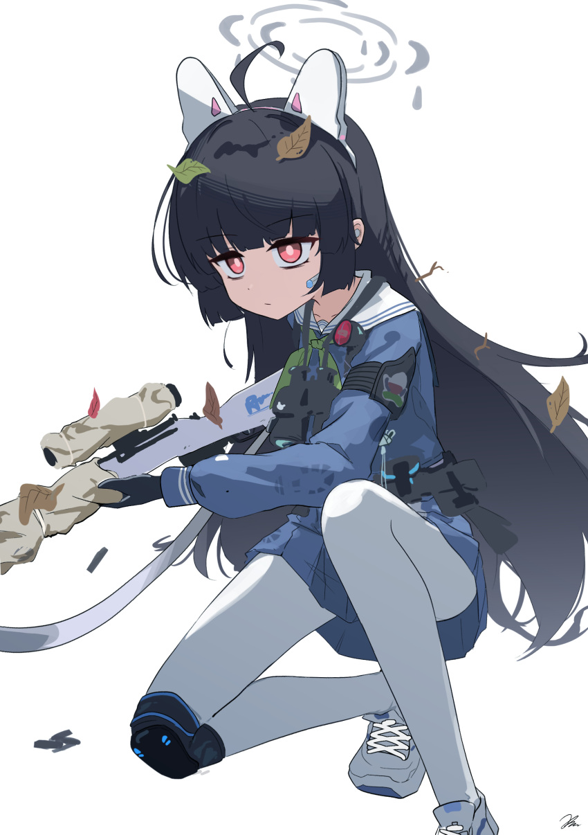 1girl, absurdres, ahoge, animal_ears, black_hair, blue_archive, blue_serafuku, blue_skirt