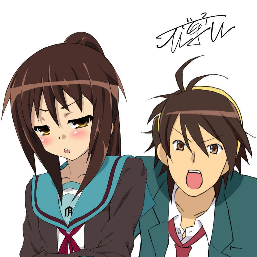 1boy, 1girl, blazer, blue_sailor_collar, blush, brown_cardigan, brown_hair, cardigan
