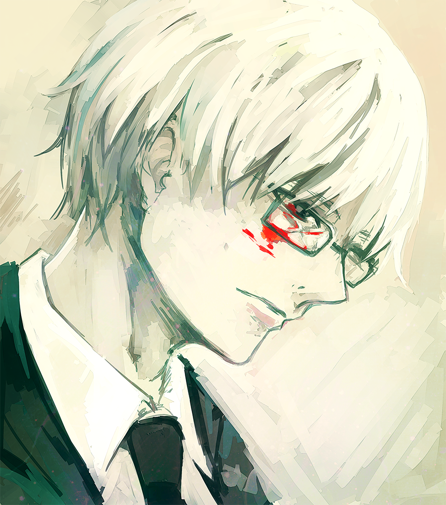 111o_(_mio_), 1boy, arima_kishou, black_necktie, blood, blood_on_eyewear, blood_on_face, closed_mouth