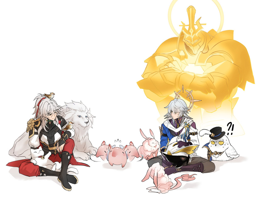 !?, 2boys, :3, ^_^, afterimage, animal_on_arm, animal_on_head, armor