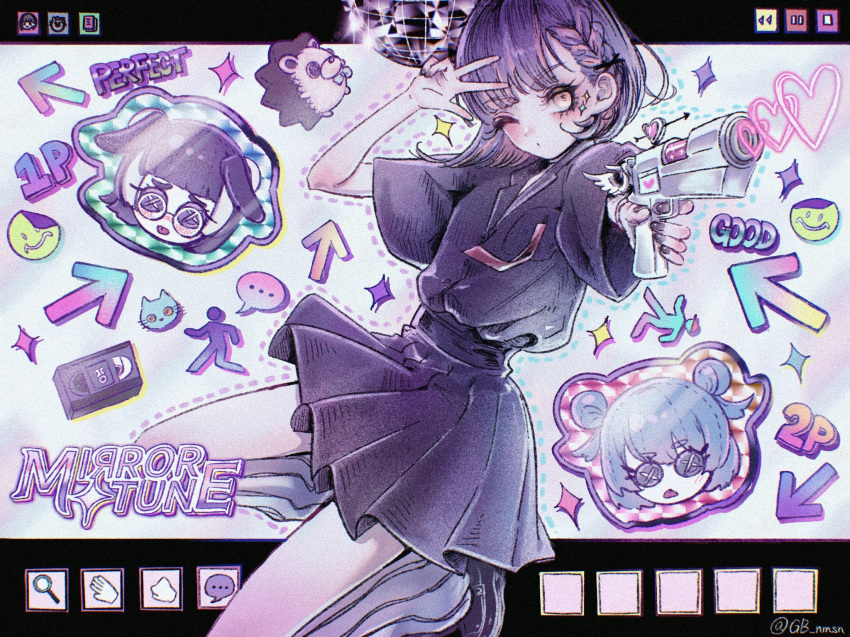 1girl, ;o, colored_inner_hair, disco_ball, gb_minami_muzo, gun, hedgehog, highres