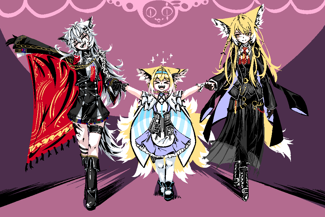 >_<, 3girls, :d, animal_ears, arknights, black_footwear, black_jacket, black_skirt