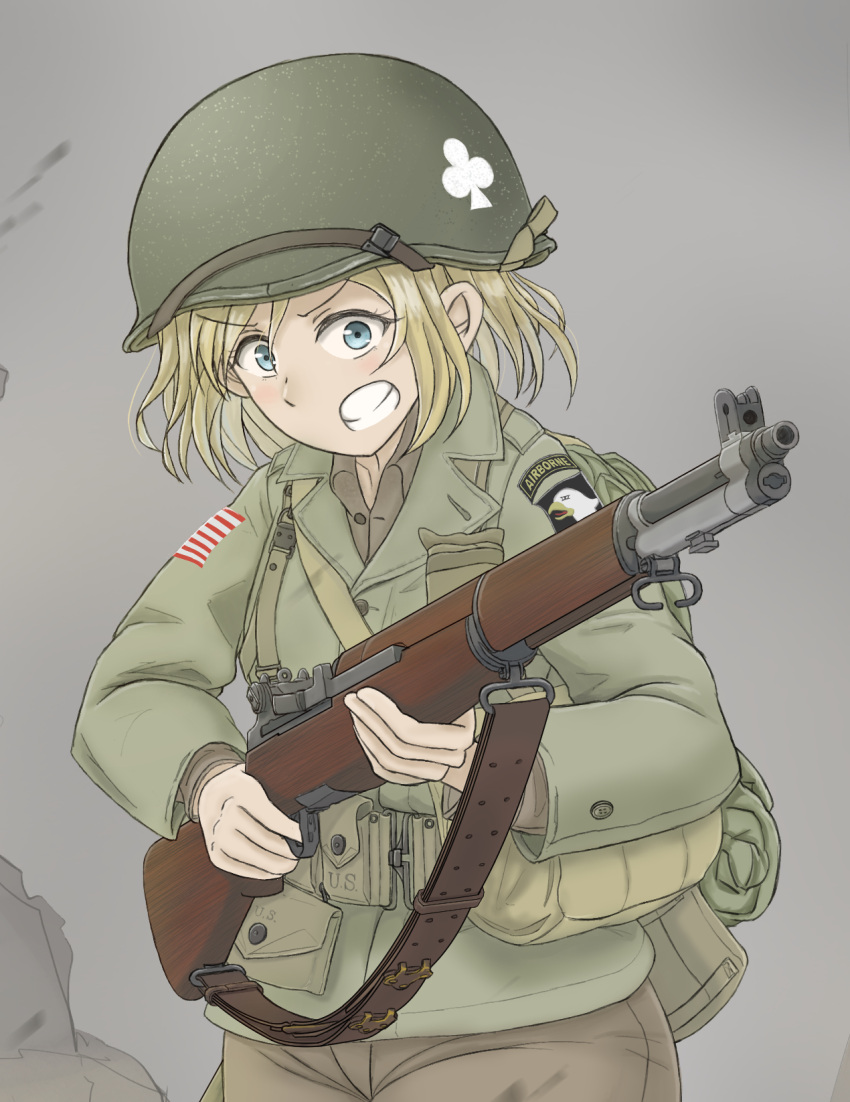 101st_airborne, 1girl, 327th_glider_infantry_regiment, ammunition_belt, ammunition_pouch, blonde_hair, blue_eyes, brown_pants
