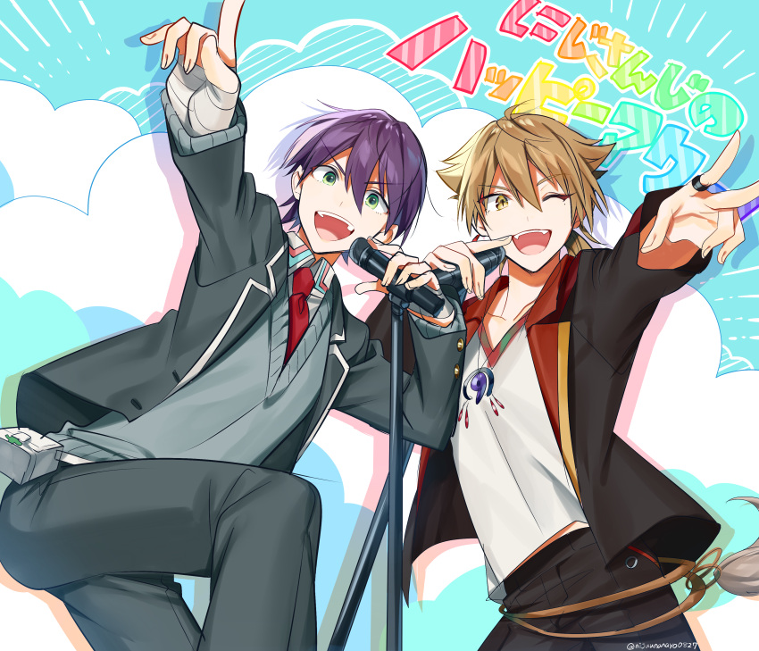 2boys, :d, ;d, absurdres, bandaged_hand, bandages, black_jacket, black_pants